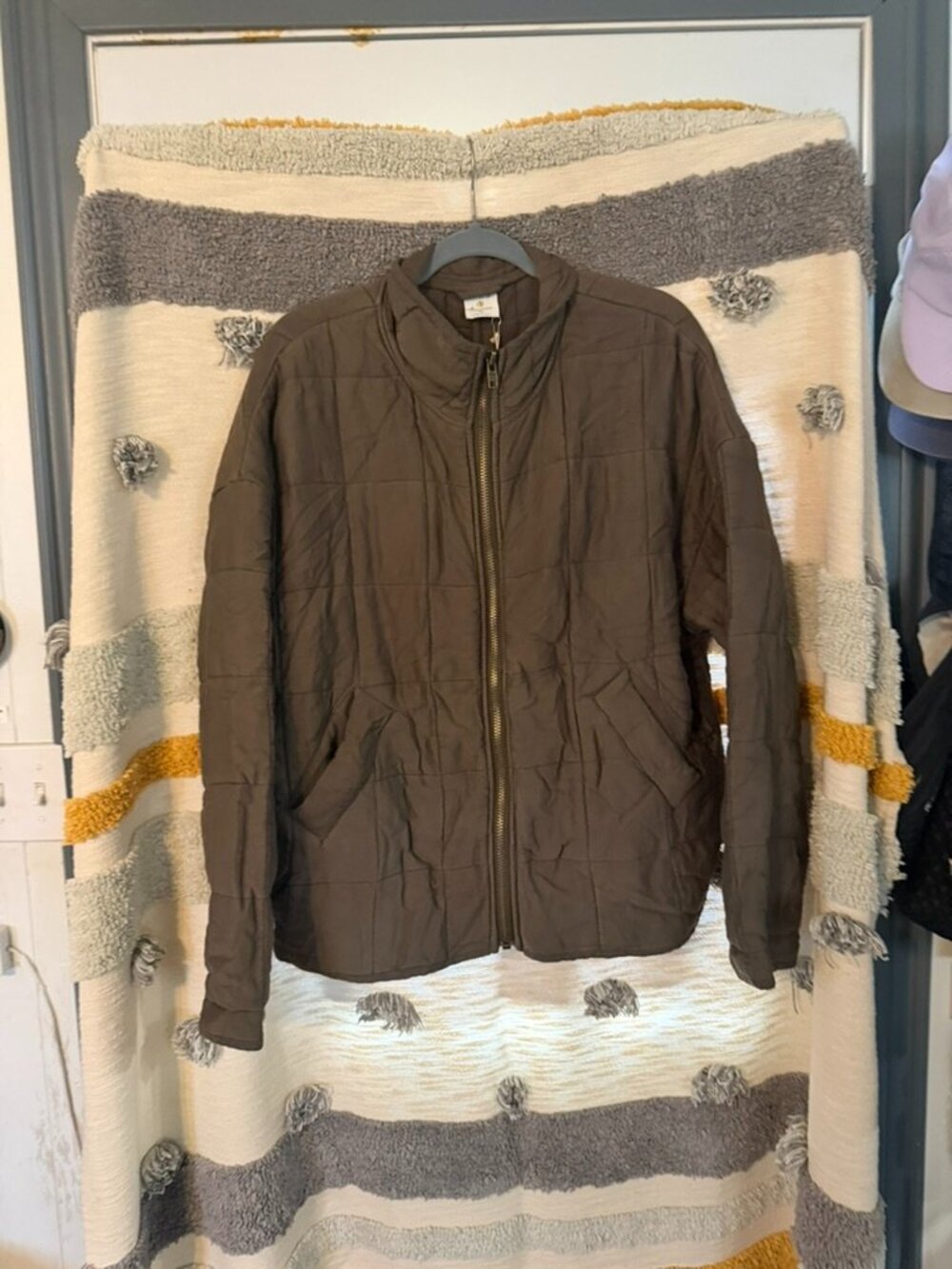 By Together Olive Brown Square Quilted Full Zip Jacket Slouchy Bomber Size M